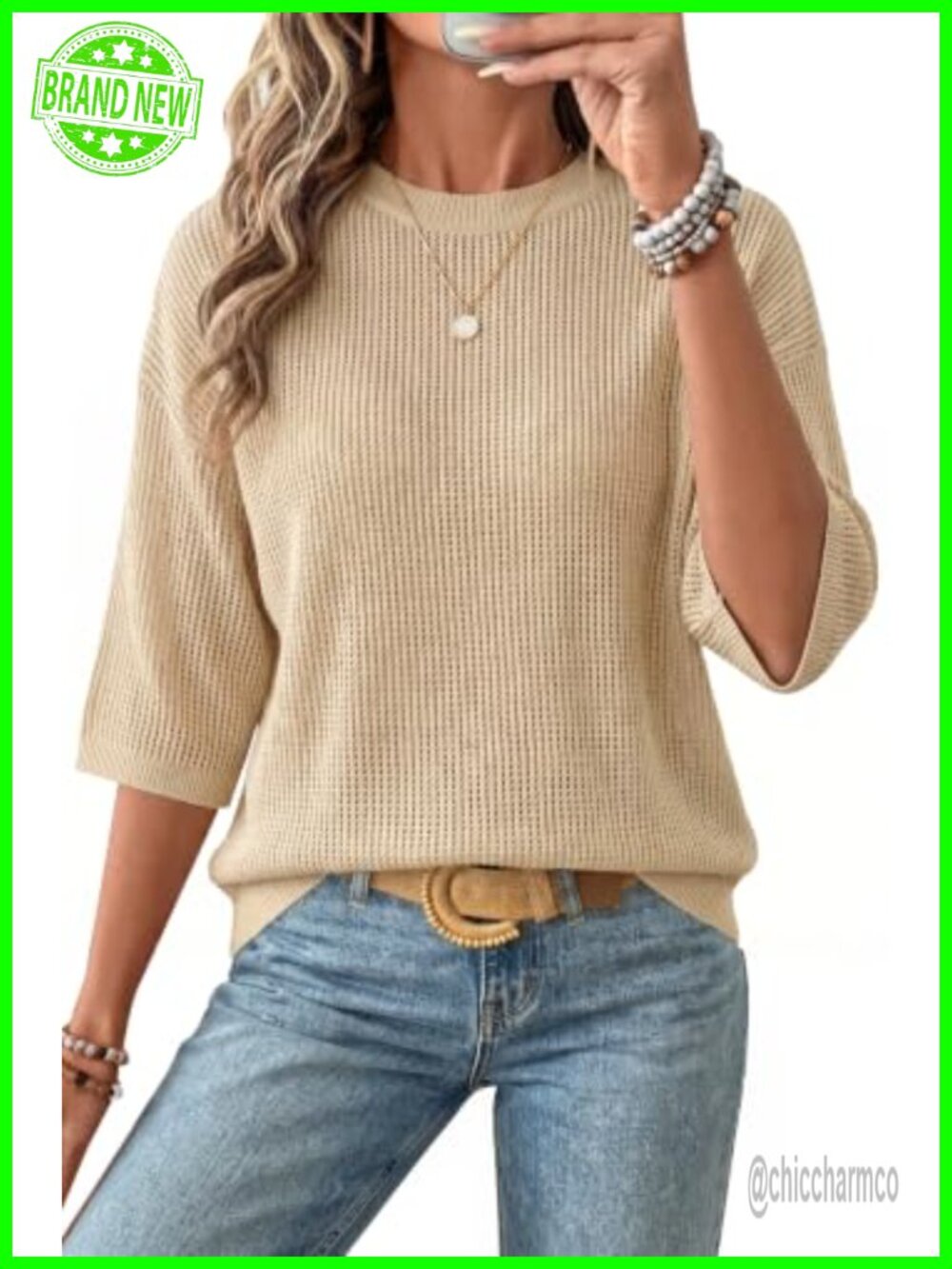 Oversized 3/4 Sleeve Crochet Cotton Sweater Casual Summer Pullover